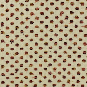 May include: A white fabric with a repeating pattern of small, brown and pink dots.