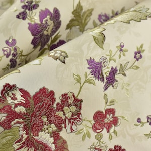 Mid Century Modern Red and Purple Floral Jacquard Brocade Fabric For Chair Curtain|Extra Wide Vintage Flower Fabric For Furniture 110&quot;W