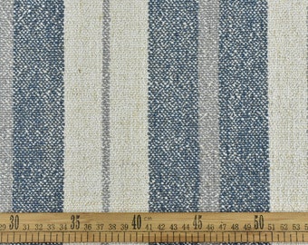 Tessuto vintage in tela di sacco, extra pesante, misto cotone e lino, a righe crema e blu, per tappezzeria, tagliato su misura, 57" (145 cm), 850 g/m²