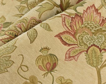 MCM Vintage Chenille Jacquard Floral Upholstery Fabric For Cushion Couch in Green Red Beige|High Quality Colorful Floral Farmhouse Fabric