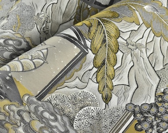 May include: Close-up of a fabric with a detailed pattern of gold, silver, and black leaves and flowers. The fabric has a textured, woven appearance.