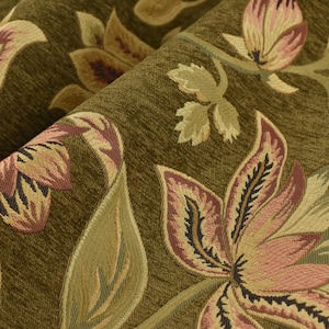 Vintage Farmhouse Gold Brown Floral Chenille Jacquard Upholstery Fabric For Chair|Mid Century Modern Woven Home Decor Fabric For Couch