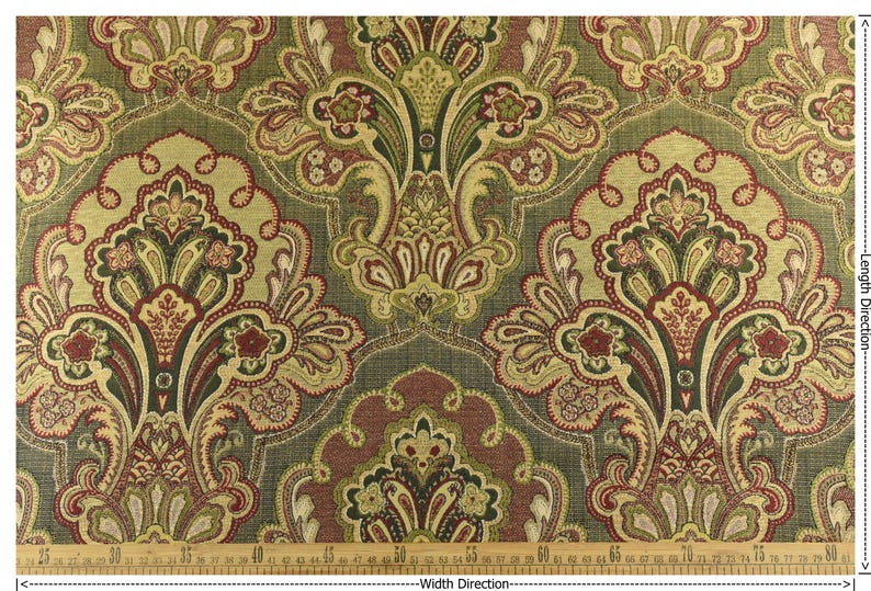 May include: Decorative fabric with a repeating floral pattern in shades of green, gold, and burgundy. The design features stylized flowers and leaves on a muted green background. The fabric is likely used for upholstery or home decor.