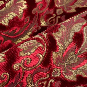 Mid-Century Modern Red and Gold Damask Floral Jacquard Raised Cut Velvet Upholsetry Fabric For Chair|Heavy Weight Vintage Floral Fabric