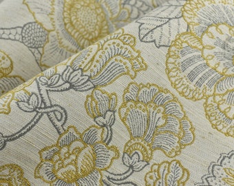 Schwere Leinenmischung Bauernhaus Floral Jacquard Polsterstoff in Creme und Gelb | Rustikaler Polsterstoff für Esszimmerstuhl, Sofa, Couch