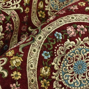 Heavy Weight MCM Vintage Red Gold Green Chenille Floral Jacquard Upholstery Fabric For Chair|Multi-Colored Farmhouse Country Decor Fabric