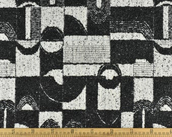 Heav Weight Wool Linen Blend Abstract Geometric Boucle Upholstery Fabric For Couch|Black and White Chunky Woven Home Decor Fabric For Chair