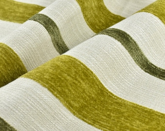 Vintage Heavy Weight Farmhouse Country Chartreuse Green and White Chenille Stripe Textured Woven Upholstery Fabric For Chair Couch