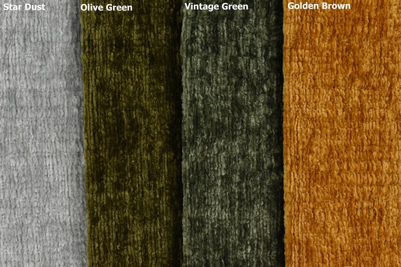 May include: Four fabric swatches in different colours and textures. The swatches are labelled "Star Dust", "Olive Green", "Vintage Green", and "Golden Brown".
