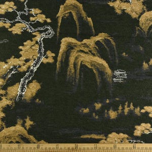 Designer Wollmischung Grün und Gold Vinatge Chinoiserie Polsterstoff für Stuhlvorhang|Wasserfälle und Turm Berglandschaft Stoff