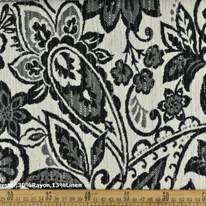 Tessuto da tappezzeria in misto lino e cotone con motivo a strisce geometriche floreali vintage in nero e crema, design tradizionale, per cuscino sedia