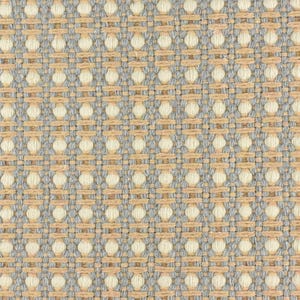 May include: A close-up of a woven fabric with a light brown and gray pattern. The fabric has a textured surface and a repeating pattern of small circles.