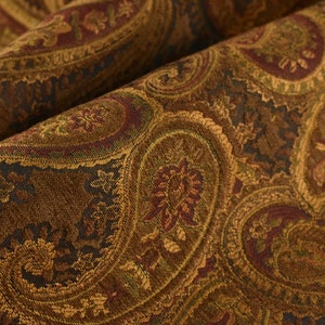 Vintage Chenille Jacquard Paisley Blumenpolsterstoff Für Sofa Couchkissen in Goldbraun|MCM Rot / Gelber Paisley-Möbelstoff