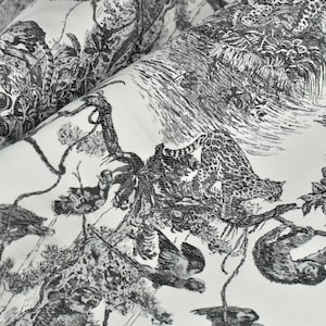 Designer Black and White Forest Animal Tiger Bird Monkey Botanical Home Decor Fabric For Drapery Curtain Pillow|Wild Animal Brocade Fabric
