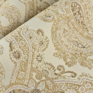Tela decorativa vintage con estampado floral de cachemira dorada en jacquard para sillas y cortinas. Tela con estampado floral abstracto moderno de mediados de siglo para cortinas.
