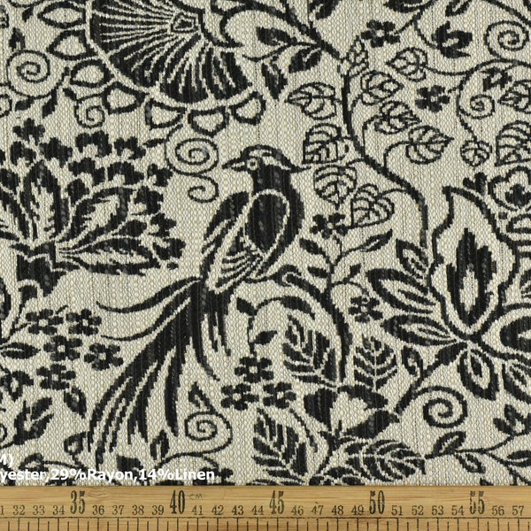 Vintage Black and Cream Bird Foral Geometric Check Pattern Traditional Cotton Linen Blend Upholstery Fabric Material For Chair Couch Bench