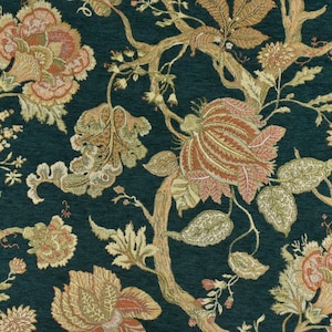 Mid Century Modern Teal Green Red Gold Chenille Floral Jacquard Upholstery Fabric For Chair|Vintage Floral Fabric For Couch Cushion Pillow