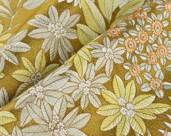 Designer Luxury Cotton Linen Blend Embroidered Floral Fabric|Gold Botanical Curtain Fabric|Elegant Home Decor Fabric For Drapery Pillow