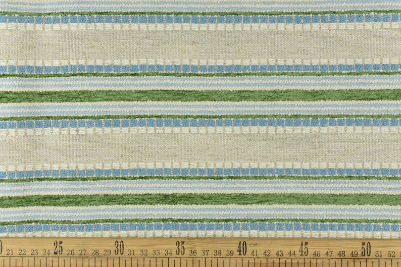 Woven Textured Linen Blend Farmhouse Green and Blue Stripe Jacquard Upholstery Fabric|Country Geometric Fabric For Chair Upholstery image 3