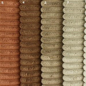 May include: Six fabric swatches in different shades of brown, from a bright yellow to a light beige. The fabric has a corduroy texture.