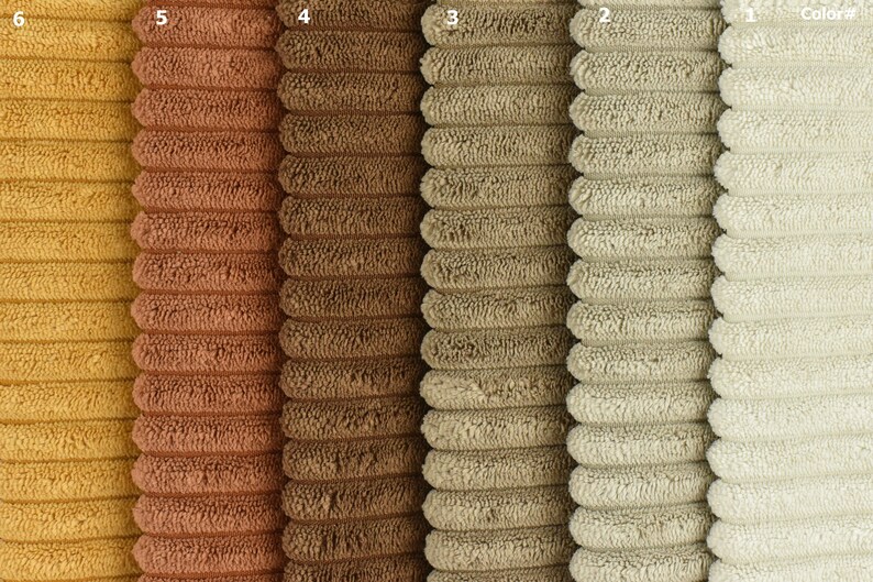 May include: Six fabric swatches in different shades of brown, from a bright yellow to a light beige. The fabric has a corduroy texture.