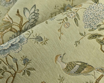 Schwerer Mitte des Jahrhunderts moderner blasser salbeigrüner Vogel Blumen-Chenille-Polsterstoff für Stuhl | Botanischer Tierblumen-Möbelstoff