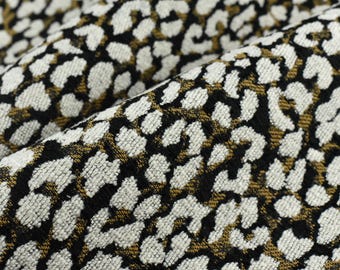 Designer Heavyweight Wool Blend Black Gold White Leopard Jacquard Textured Upholstery Fabric|Abstract Cheetah Animal Skin Geometric Fabric