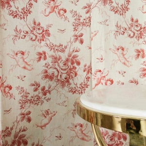 Clearance Sale!Vintage French Pink Floral Cotton Linen Upholsetry Curtain Fabric |Rustic Drapery Curtain Table Cloth Fabric Material