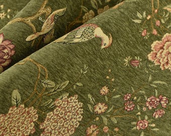 Tela de tapicería de chenilla de gran peso con estampado floral de pájaros en verde y rosa, estilo moderno de mediados de siglo, para sillas/muebles con estampado botánico de animales y flores.