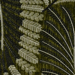 Designer Olive Green Botanical Leaves Embroidered Floral Silky Velvet ... - Green Botanical Textured Fabric