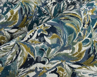 Heavy Weight Blue and Green Tropical Upholsetry Fabric|Botanical Floral Jacquard Fabric|Abstract Geometric Furniture Fabric for Chairs