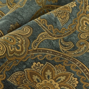 Tessuto di tappezzeria in ciniglia con motivo paisley floreale vintage color verde acqua e oro di lusso, per tende da sedia/tessuto da fattoria extra largo, 280 cm di larghezza.