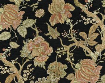 Tela de tapicería jacquard floral de chenilla en negro, verde y rojo, estilo moderno de mediados de siglo, para sillas/tela tejida floral vintage para cojines de sofá.