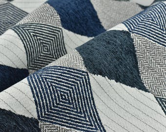 Blue Large Geometric Diamond Herringbone Pattern Woven Upholstery Fabric For Dining Chair Couch|Chenille Jacquard Fabric For Pillow
