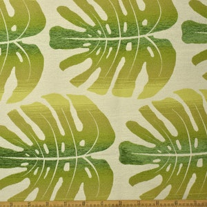 Monstera Leaves Linen Blend Upholstery Fabric|Green Hawaiian Large Scale Tropical Watercolor Botanical Fabric|Burlap Look Boho Fabric