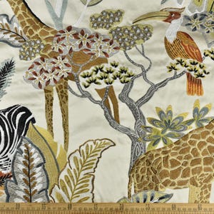 Luxury Wild Animal and Botanical Embroidered Fabric For Drapery Pillow|Exotic Zebra Giraffe Bird Fabric For Kids Room Decor