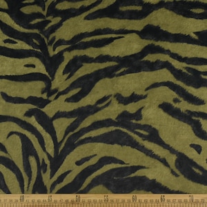 Tessuto per tappezzeria in velluto morbido e pesante con stampa di tigre, colore: nero-oliva/tessuto a righe con stampa di tigre, per testiera di sedia, panca e pouf.