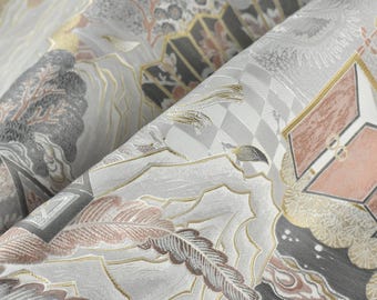 Tela de brocado floral botánico de diseño, de peso pesado, color rosa, crema y gris, estilo chinoiserie chic, para tapicería, para cortinas de sillas.