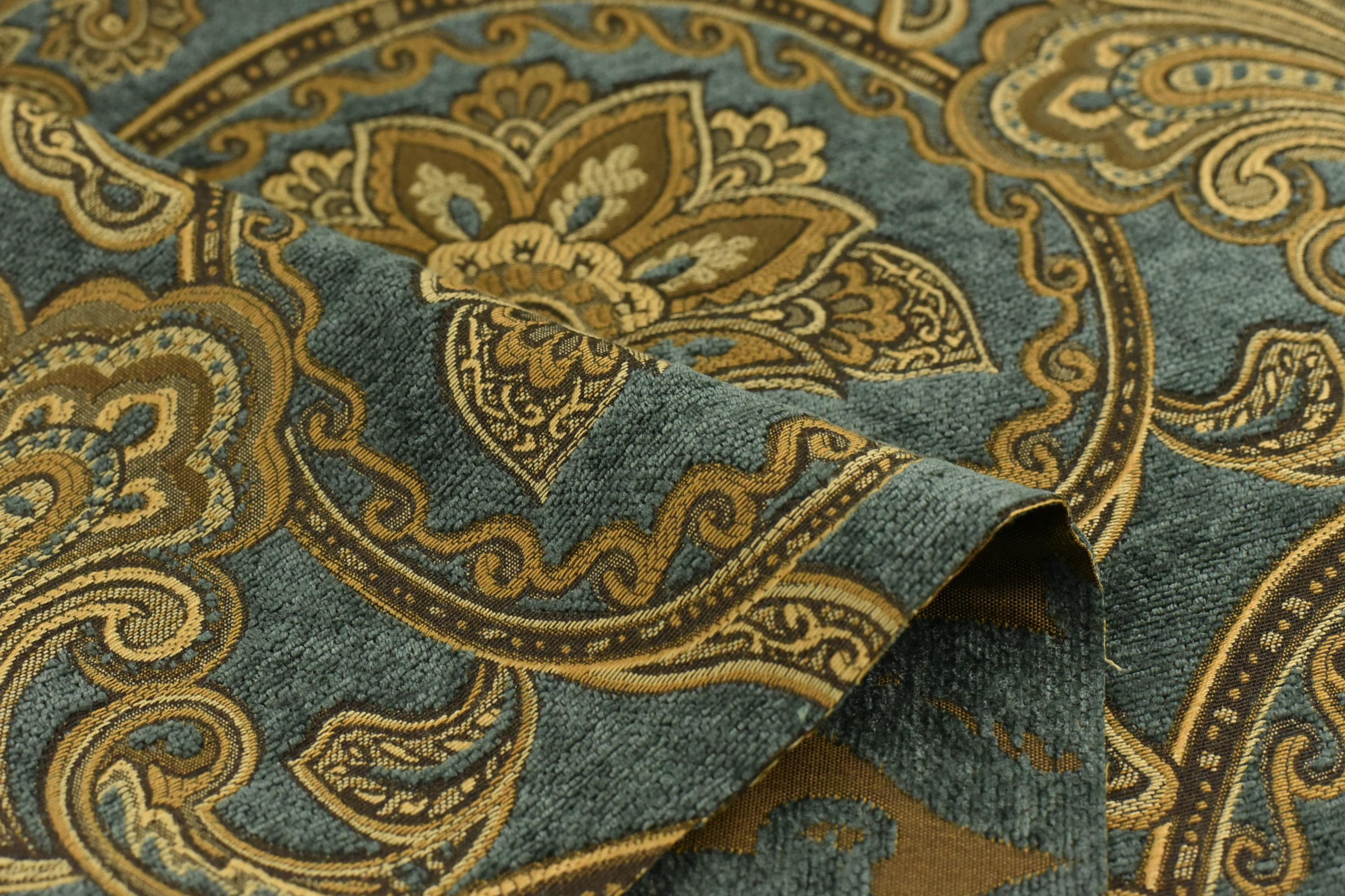 Luxury Vintage Teal Gold Large Floral Paisley Chenille Woven