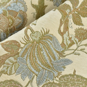 Tessuto per tappezzeria in ciniglia jacquard floreale, avorio, verde e blu, stile moderno di metà secolo, per sedia/tessuto floreale vintage per cuscino del divano
