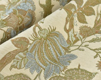 Mid Century Modern Ivory Green Blue Chenille Floral Jacquard Upholstery Fabric For Chair|Vintage Floral Fabric For Couch Cushion Pillow