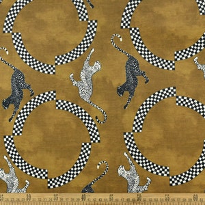 Tessuto per tappezzeria con sagome di leopardo e geometriche/tessuto per tappezzeria in velluto dorato con stampa di animali di ghepardo che salta