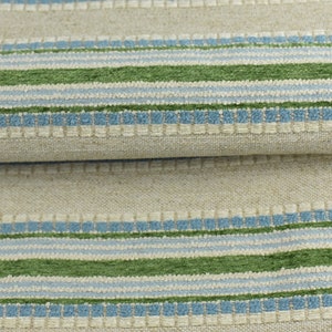 Woven Textured Linen Blend Farmhouse Green and Blue Stripe Jacquard Upholstery Fabric|Country Geometric Fabric For Chair Upholstery image 2