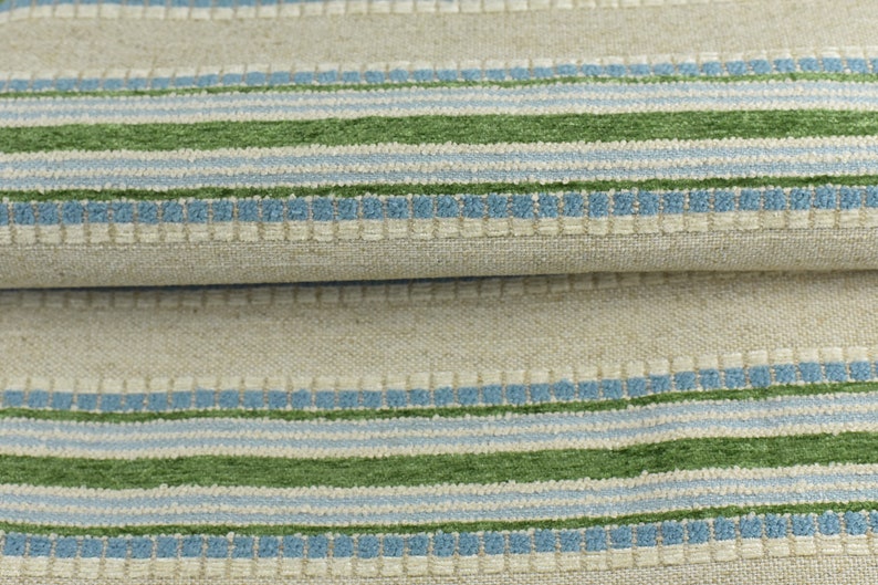 Woven Textured Linen Blend Farmhouse Green and Blue Stripe Jacquard Upholstery Fabric|Country Geometric Fabric For Chair Upholstery image 2