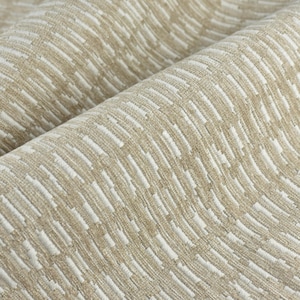 Heavy Weight Tan and White Stylish Linen Blend Abstract Stripe Upholstery Fabric|Modern Geometric Textured Sofa Cushion Fabric 55&quot;W/925GSM