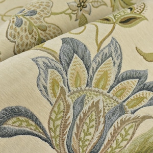 MCM Vintage Chenille Jacquard Floral Upholstery Fabric For Cushion Couch in Blue Green Cream|High Quality Colorful Floral Farmhouse Fabric
