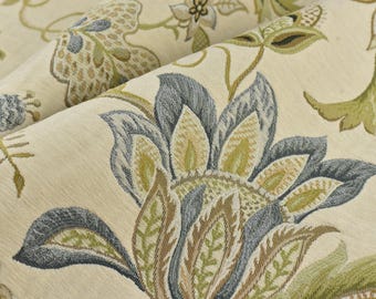 MCM Vintage Chenille Jacquard Floral Upholstery Fabric For Cushion Couch in Blue Green Cream|High Quality Colorful Floral Farmhouse Fabric