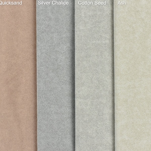 May include: Five fabric swatches in different colours: Sandal, Quicksand, Silver Chalice, Cotton Seed, and Ash. The swatches are arranged vertically from left to right.