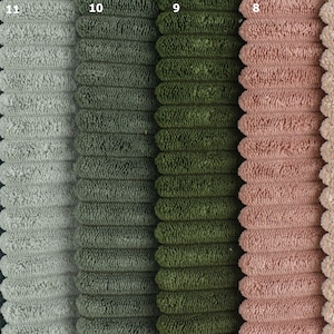 May include: Close-up of six fabric swatches in different colours. The swatches are arranged in a row from left to right, with the colours being teal, light grey, dark green, green, light pink, and beige. The swatches are all made of a textured fabric with a corduroy-like texture.