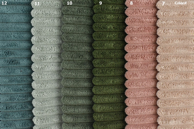 May include: Close-up of six fabric swatches in different colours. The swatches are arranged in a row from left to right, with the colours being teal, light grey, dark green, green, light pink, and beige. The swatches are all made of a textured fabric with a corduroy-like texture.
